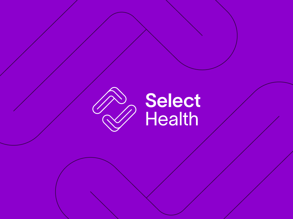 Select Health white logo and dark super graphic on purple gradient background